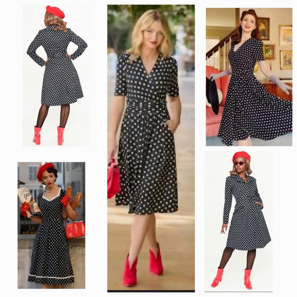 Chaps Black‎ Sz XL Polka Dot 3/4 Sleeve 1950s Retro Pinup Knee Length Dress NWT